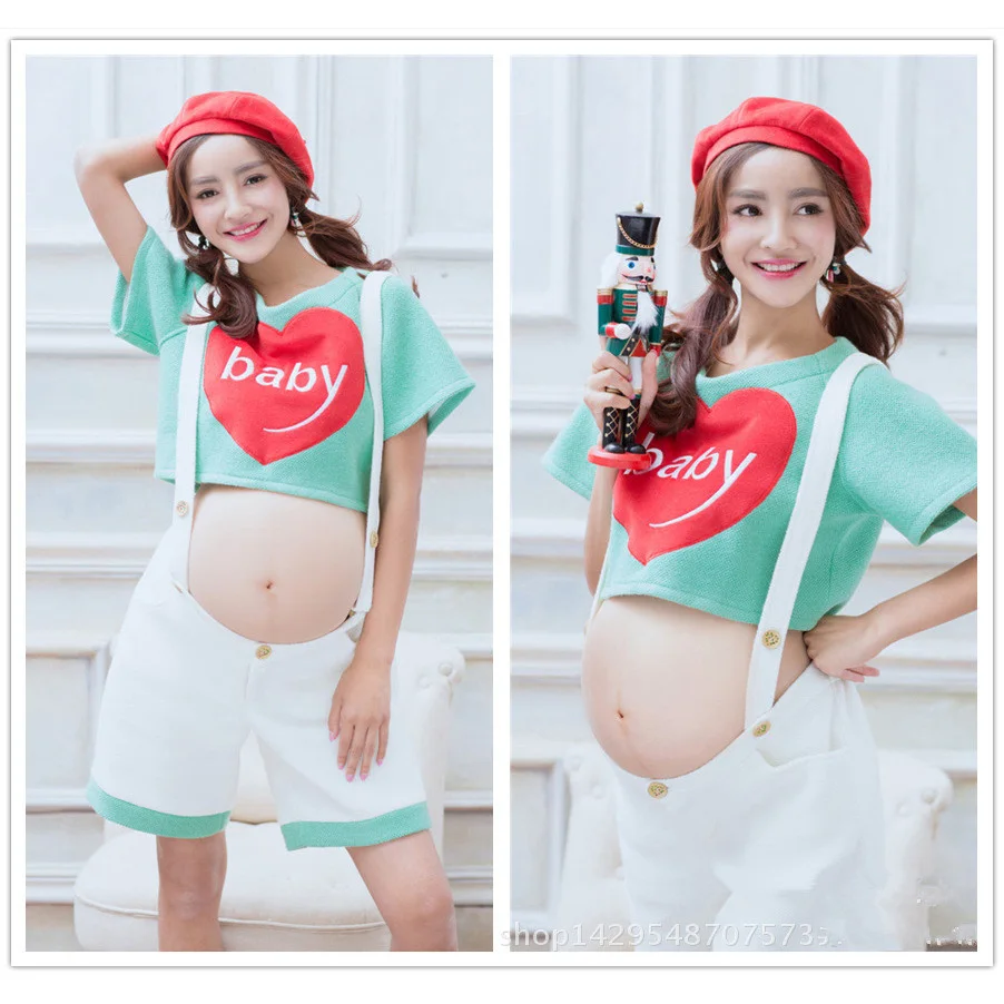 

Maternity Sets Maternity Photography Props T-Shirt and shortall With Red Hat Short Pregnant Solopette Pregnancy Photo Shoot HOT
