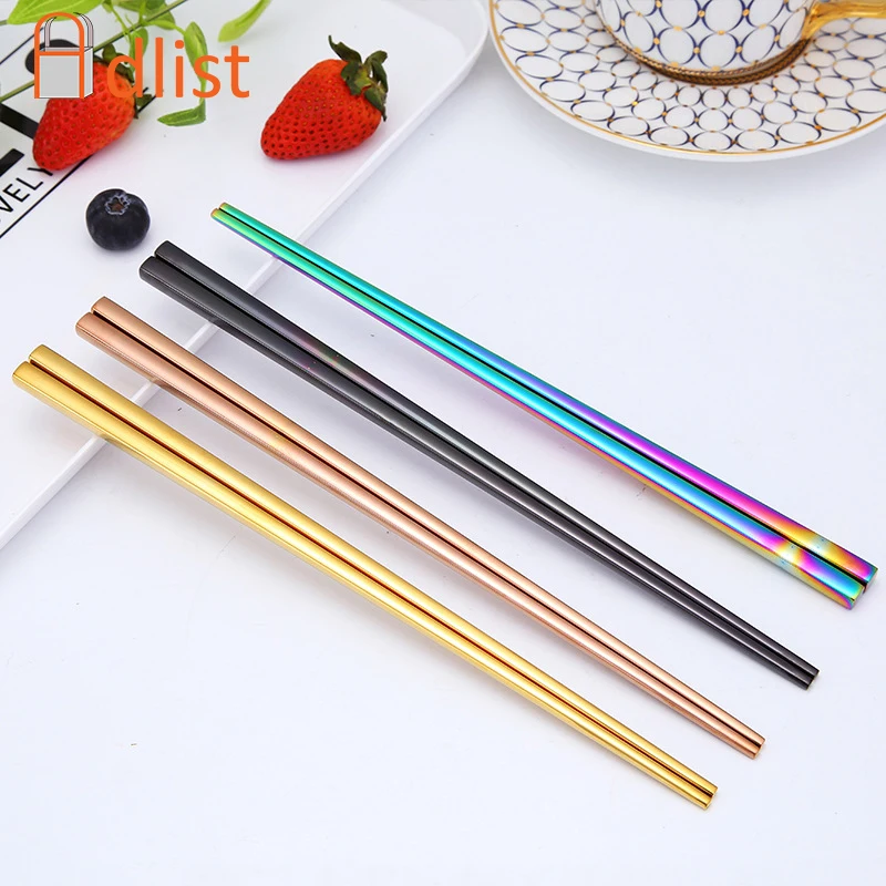 1Pair Food Chopsticks Stainless Steel Long Handle Flat Non Slip Korean