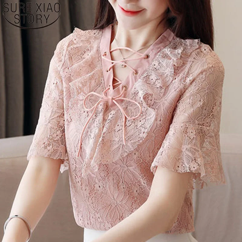 

Korean fashion clothing 2019 lace blouse white shirt blouse womens tops blouses Bow Solid V-Neck shirts ladies tops 3104 50