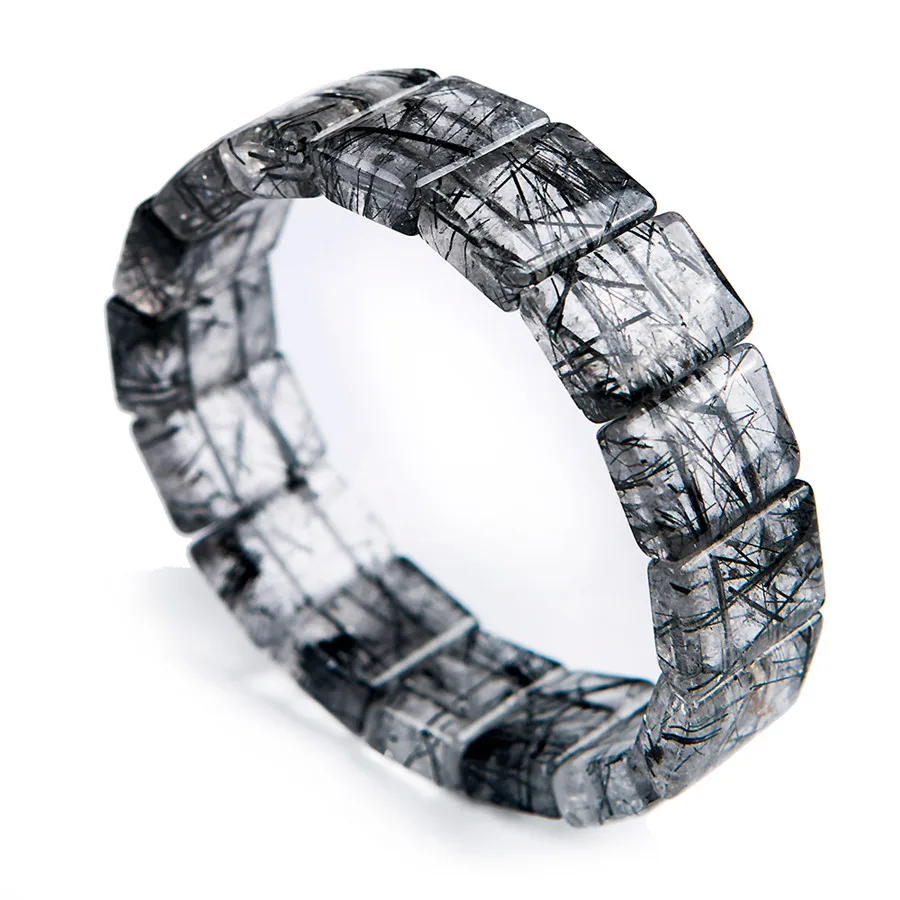 

Genuine Black Natural Rutilated Quartz Bracelet Bangle For Women Stretch Rectangle Bead Crystal Bracelet 18*7mm