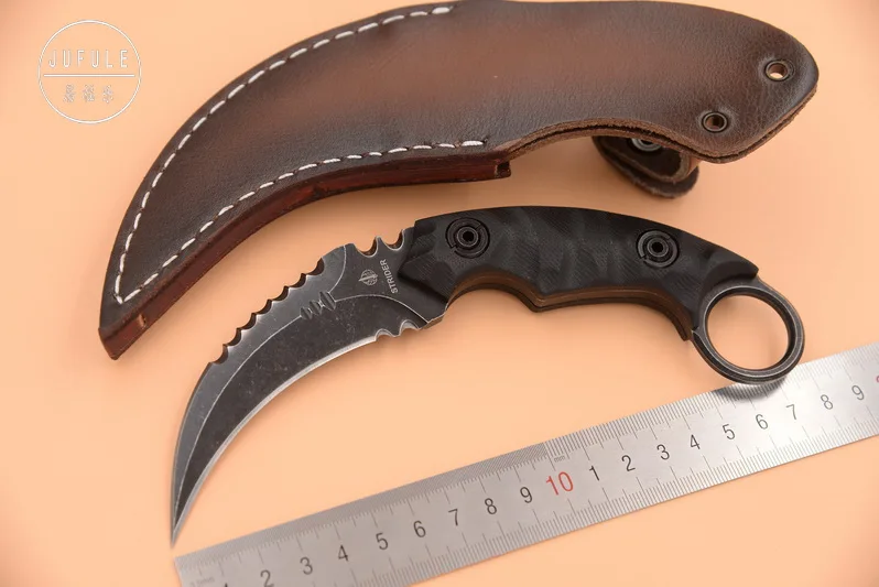 

JUFULE 2018 Strider karambit D2 Sheath leather G10 handle utility outdoor survival camping hunt tool Fixed blade kitchen knife