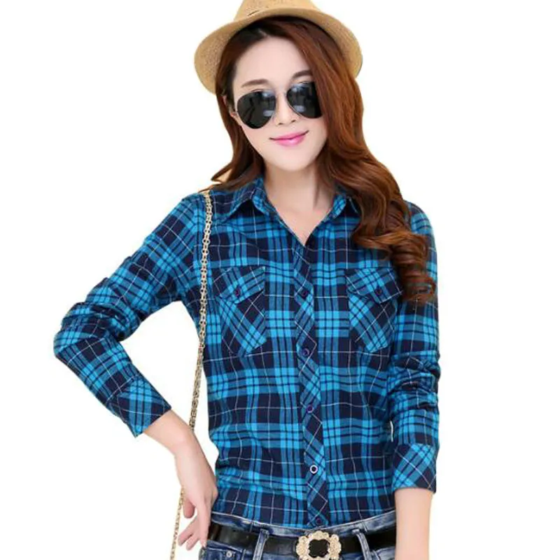 

2017 Autumn New Arrival Flannel Plaid Shirt Women Casual Cotton Plus Size Long Sleeve Blouses Shirts Clothing Girl College Style