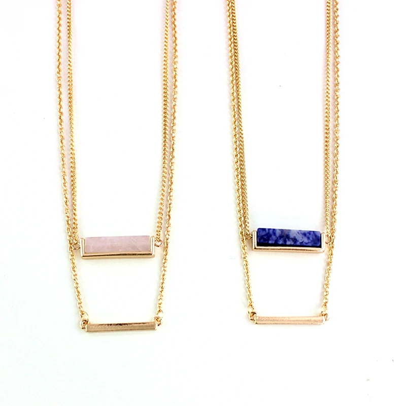 

Double Layer Pink/Blue Stone Pendant Necklaces For Women 2016 Gold Color Chain Necklaces Pendants Colares SNE160065