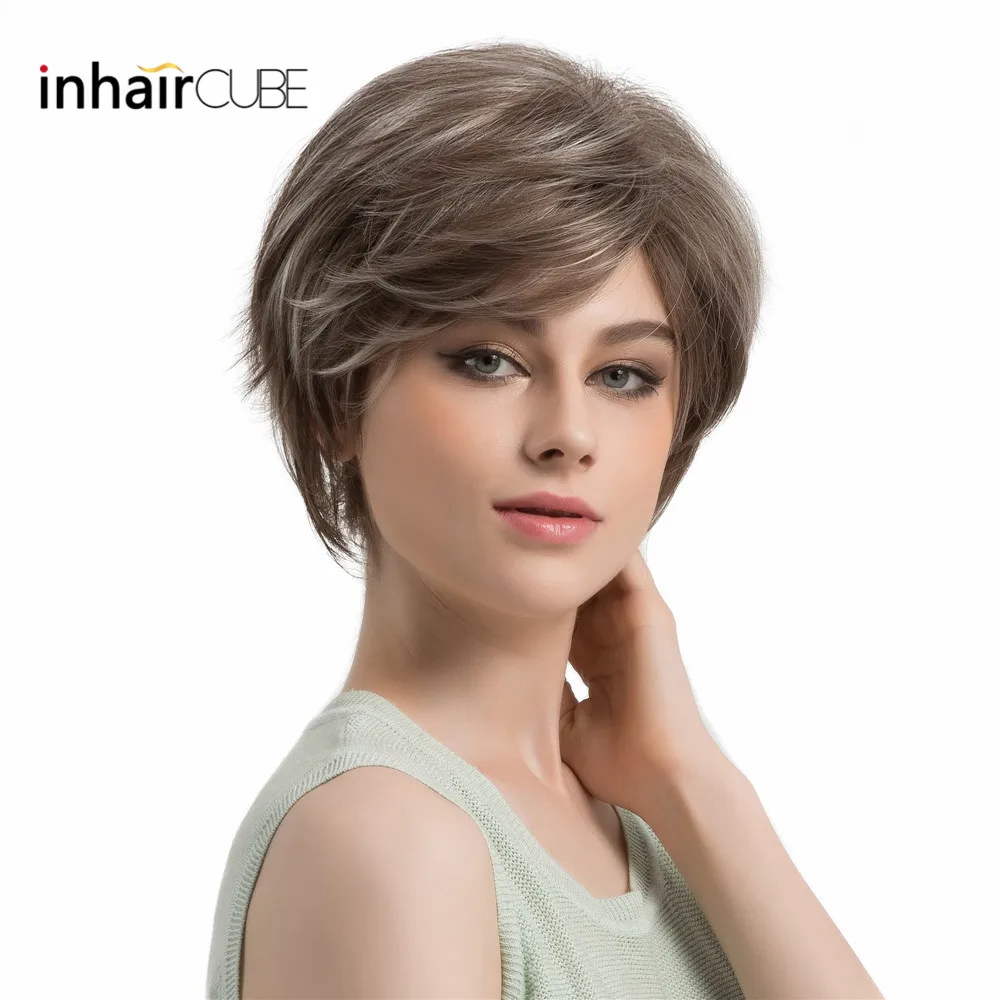 Kopen Esin Leuke Korte Haar Pruik met Natuurlijke Pony Pixie Cut Ash Grijs met Highlights Synthetisch Korte Rechte Kapsel Voor Wit vrouwen