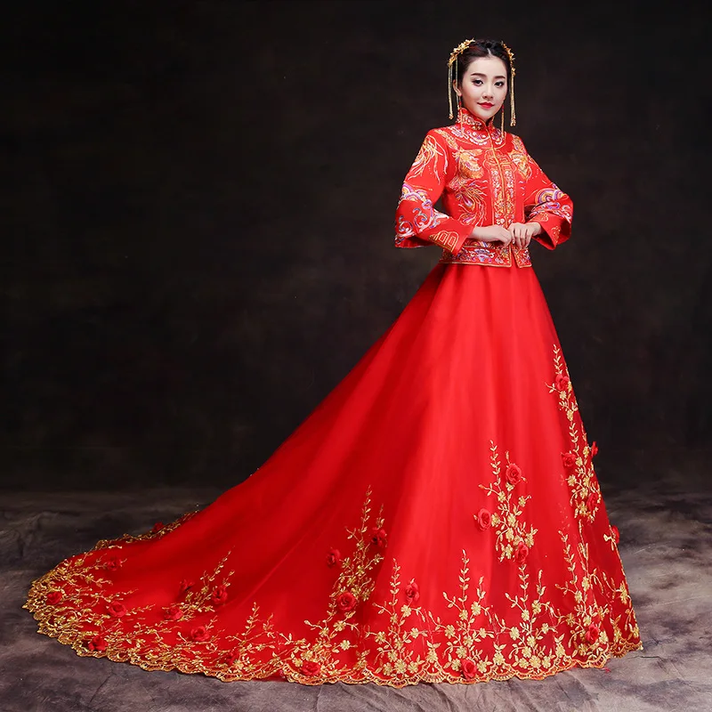 Королевский Феникс свадьба Cheongsam красный Дамы Вышивка шлейфом невесты Классический Брак платье Тан костюм плюс размеры XS-3XL