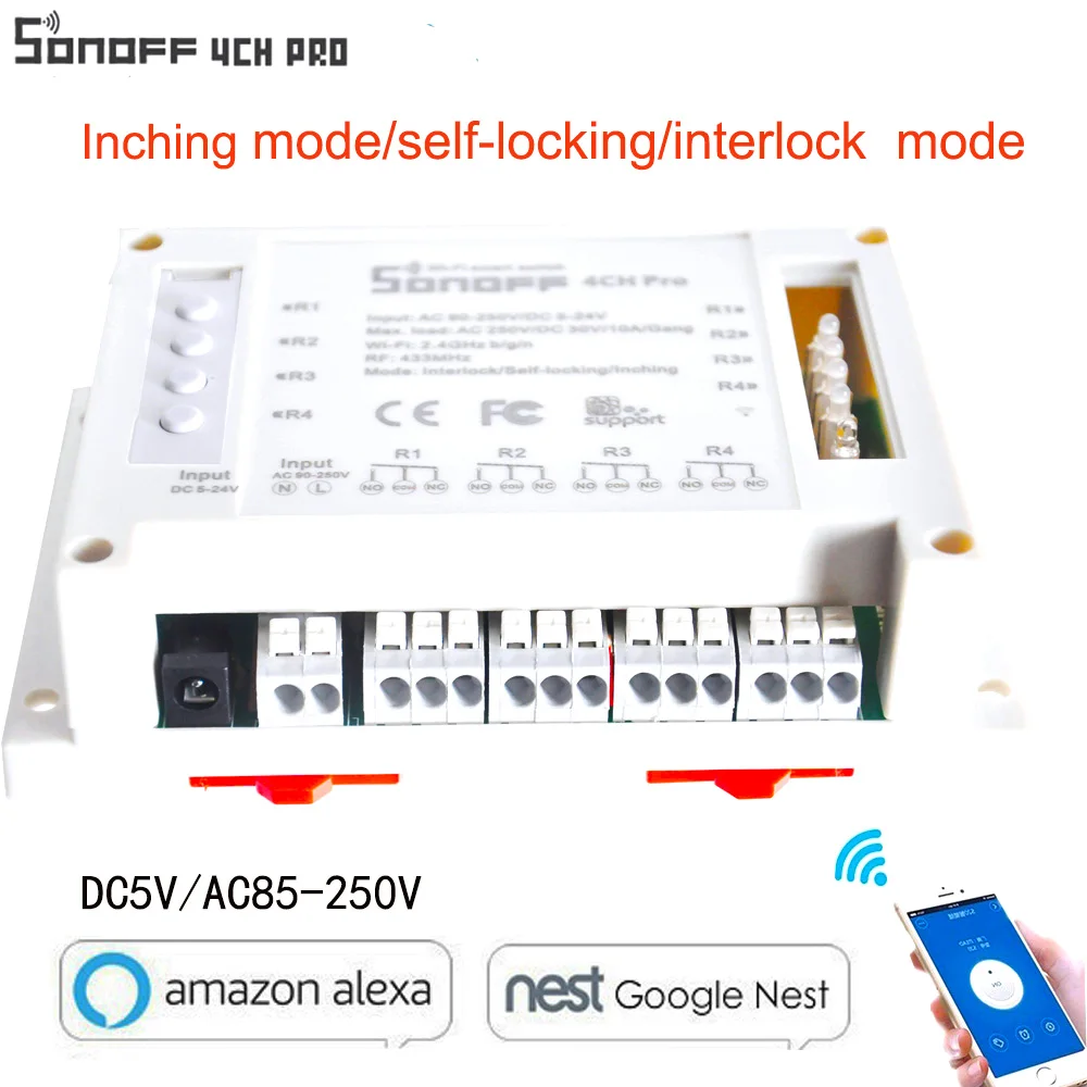 

ITEAD Sonoff 4CH PRO 4 Gang 433MHZ Mounting Wireless Control WIFI Smart Switch Home Light Remote 10A/2200W Via IOS Android phone
