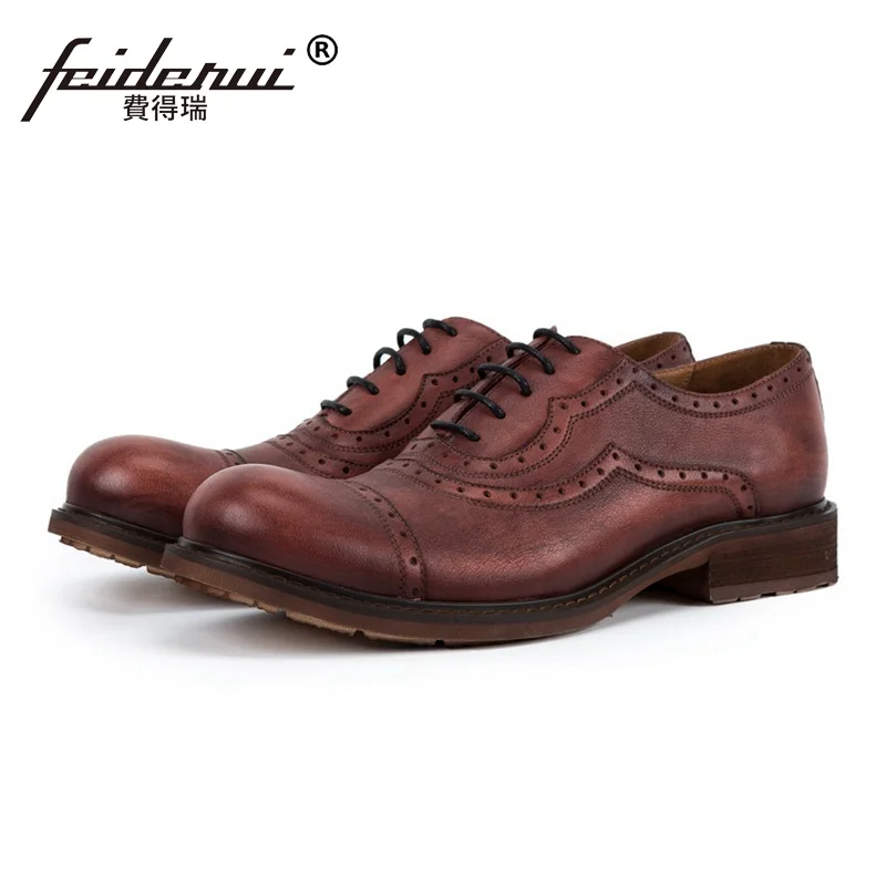 New Vintage Round Toe Man Formal Dress Semi Brogue Oxfords British Designer Genuine Leather Men's Handmade Outdoor Shoes SS179