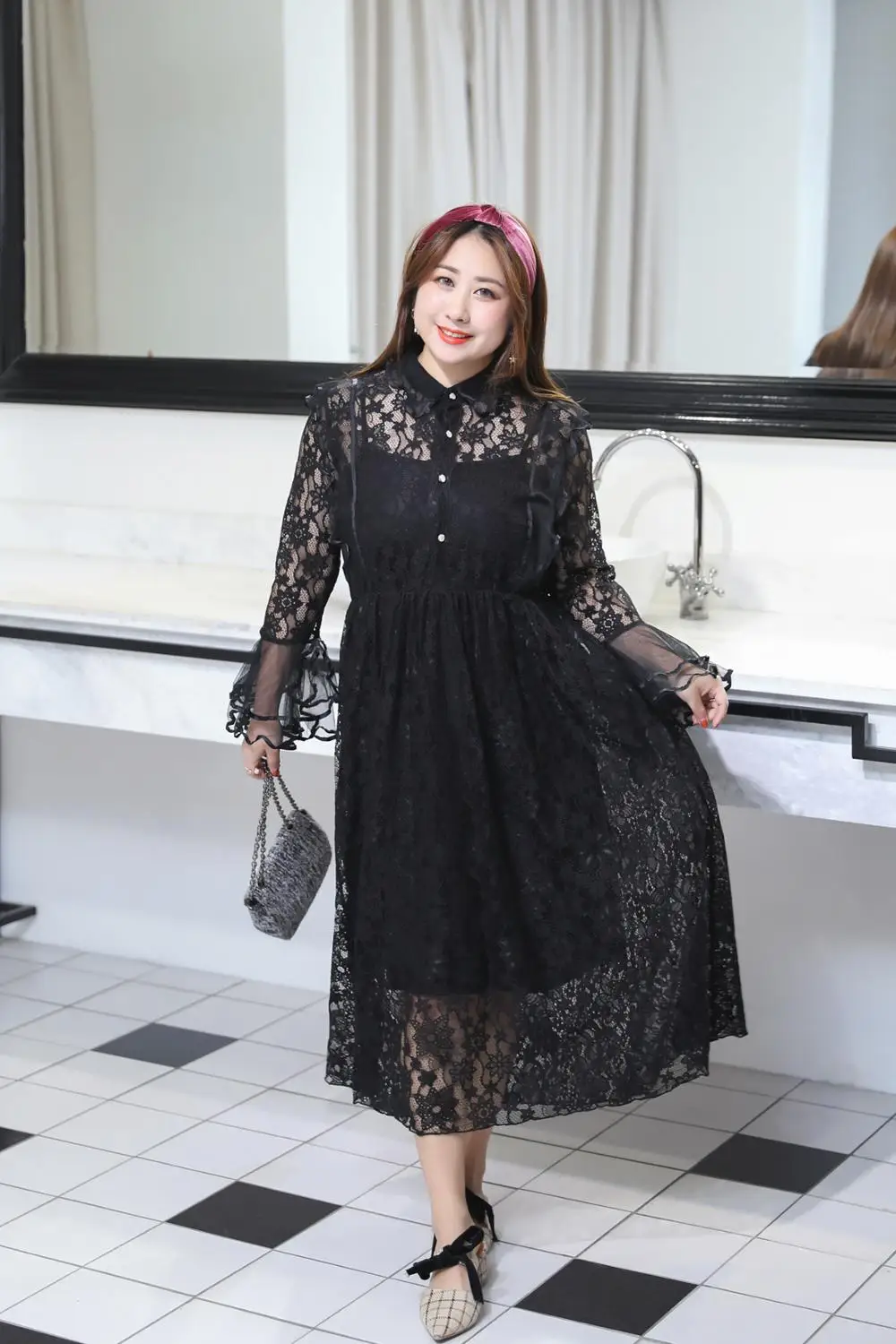 MINSUNDA Plus Size Button Up Layer Ruffle Cuff Lace Elegant Dress Women Lapel Long Sleeve Party Office Ladies A Line | Женская одежда