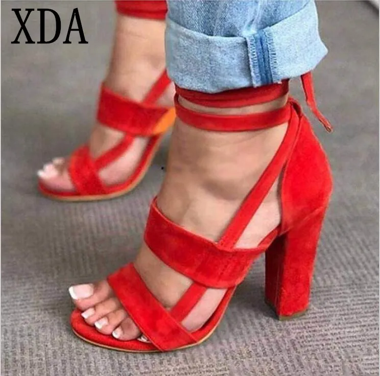 

XDA Summer women Shoes 2019 Women's Sandals High Heel Gladiator Cross-tied Lace-Up Casual Ankle Strap fish mouth sandalsL44