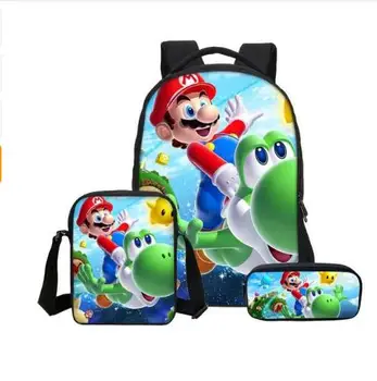 

16 Inch 3Pc/Set School Bag For Boys Girls Fashion Cartoon Super Mario Printing School Bag Kids Bookbag Casual Shoulder Bag