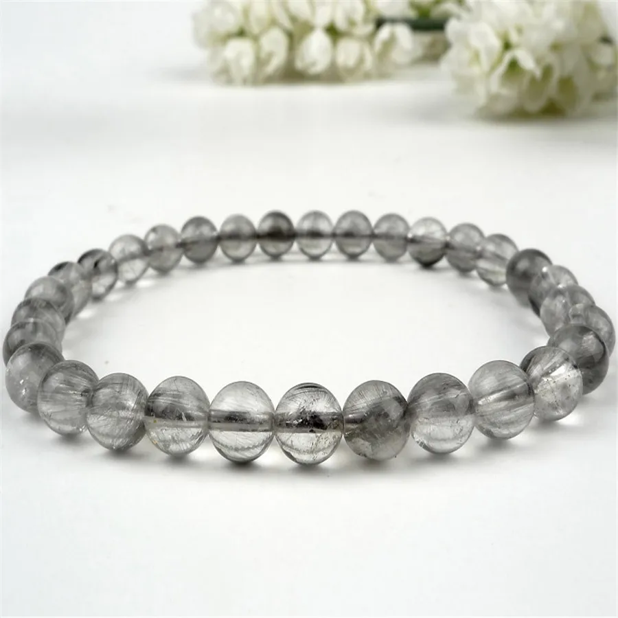

6mm Genuine Brazilian Natural Grey Needle Hair Rutilated Quartz Crystal Bracelets Stretch Charm Round Beads Bracelet Femme