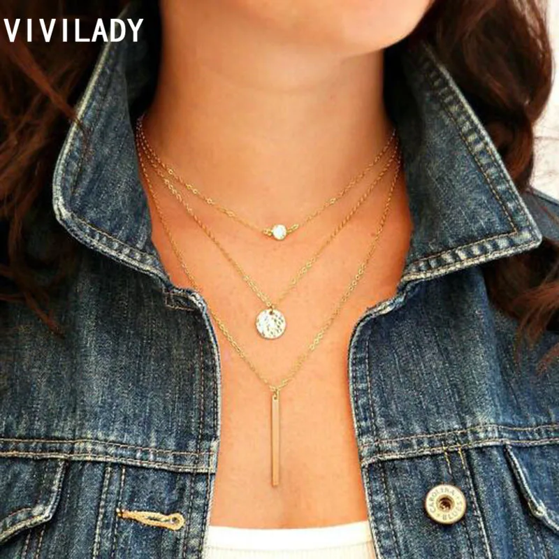 

VIVILADY Fashion New 3 Layers Gold Color Chain Crystal Bar Pendants Necklaces Women Female Bijoux Accessory Birthday Party Gift