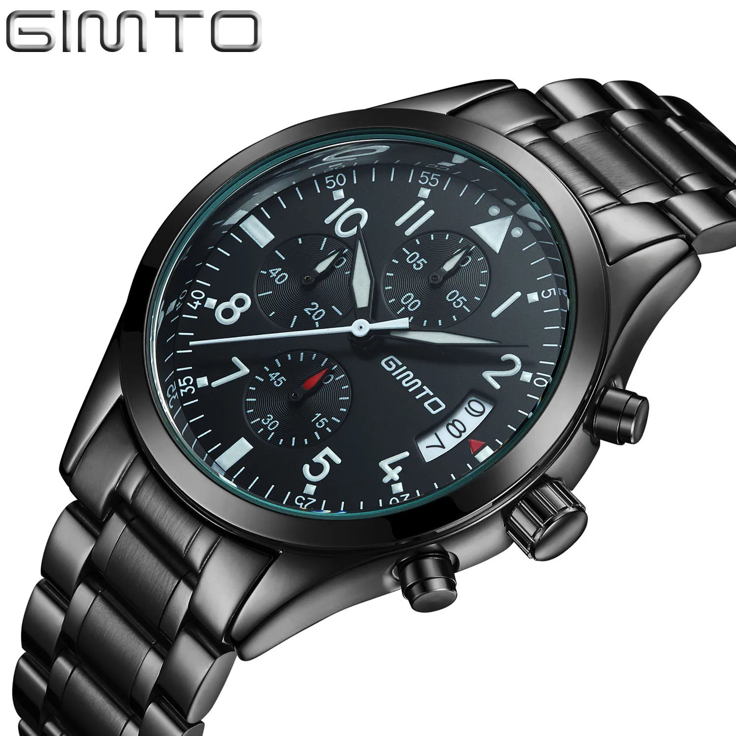 Gimto Sports Quartz Watches Men Black Business Stainless Steel Band Waterproof Male Hand Watch Clock Date Luminous Wrist Whach 