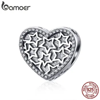 

BAMOER Genuine 925 Sterling Silver Valentines Day Gift Heart Shape Star Pave Beads fit Women Bracelets Bangles Jewelry SCC1052