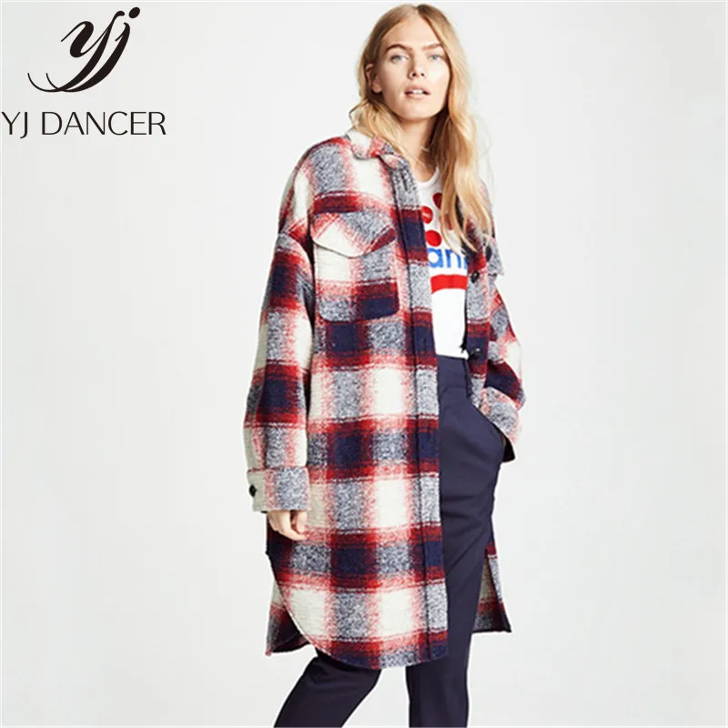 2018 Autumn Winter Woolen Coat New Loose Plaid Warm Coat In The Long Section Lapels Check Double Pocket Shirt Coat Women YZH508