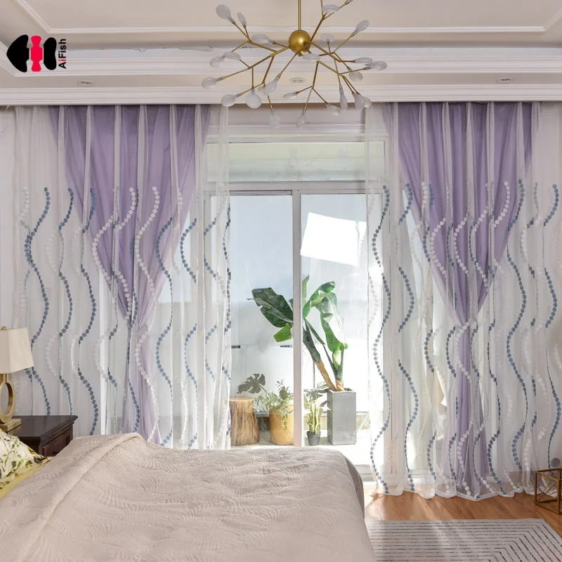 Embroidered Dots Curtains Blue White Geometric Stripe Simple Modern