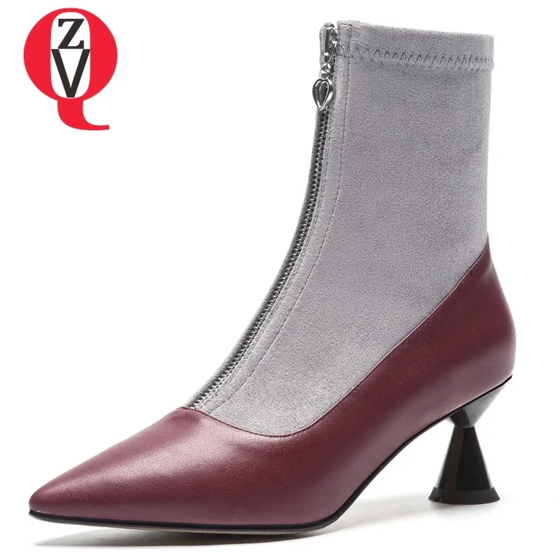 

ZVQ new hot sale popular genuine leather and flock women shoes pointed toe high strange style front zip fashion sexy ankle boots