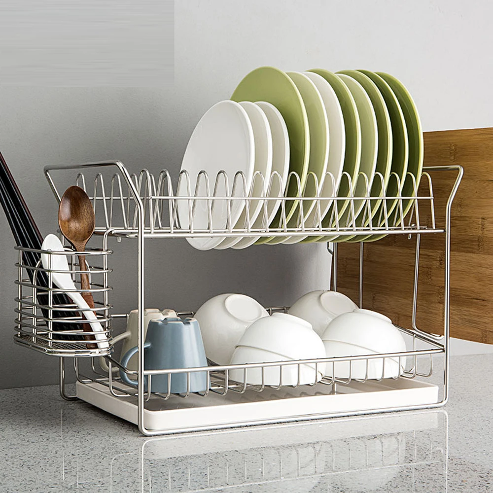  Bowl dish rack drain rack 304 stainless steel kitchen household double layer drying rack shelf stor - 32912423038