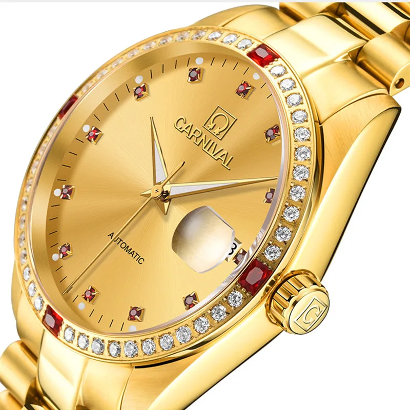 كرنفال التلقائي ووتش الرجال الذهب الماس ساعات آلية أعلى العلامة التجارية الفاخرة الفولاذ المقاوم للصدأ للماء ساعة اليد
