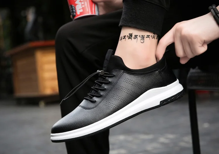 Spring Autumn Man Walking Shoes Sneakers Leather Breathable Korean Sport Shoes Wear-resistant Elastic-band Flat Shoes for Male (11)