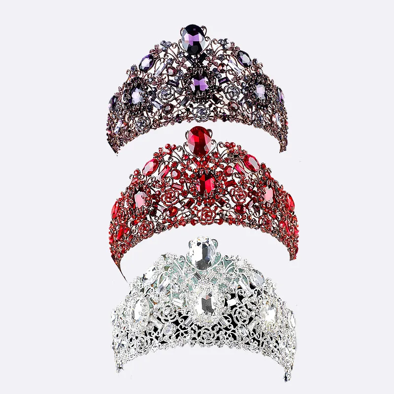 Cena Barokowa ślubna ślubne akcesoria do włosów królowa duże tiary i korony złoty czerwony kryształ Rhinestone Noiva diadem panny młodej chluba BH