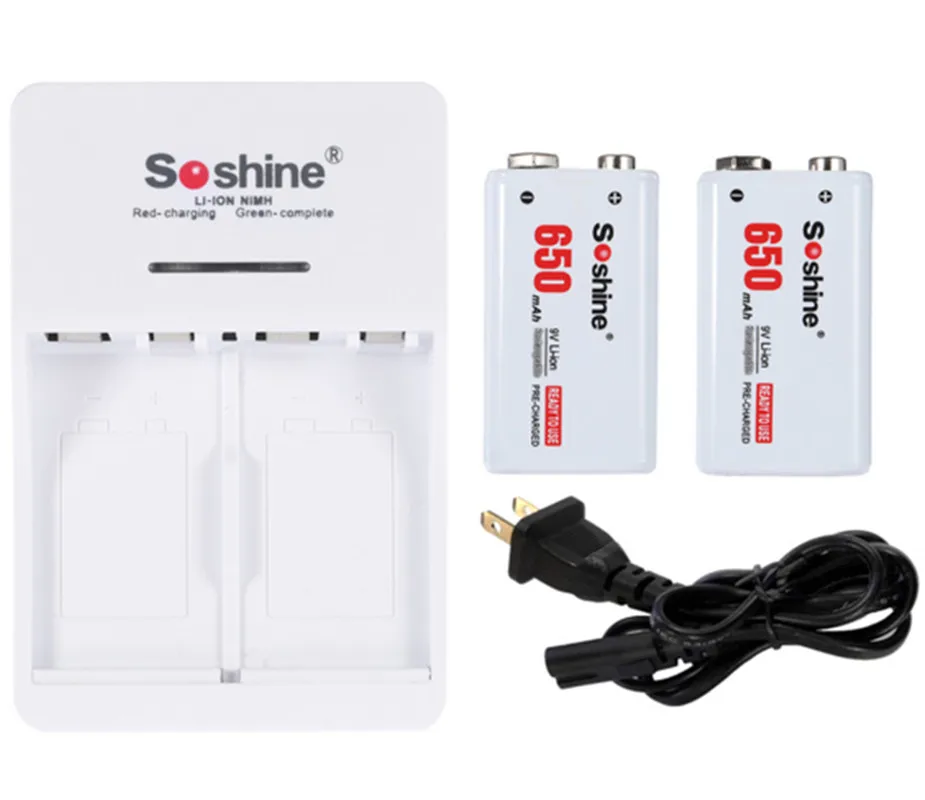 

2pcs 9V battery soshine Original 9v rechargeable 650mAh 9v li-ion batteries + 1pcs battery charger fast charge EU or US plug