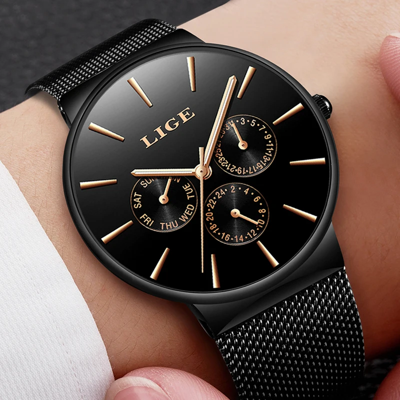 Lige Для мужчин S часы лучший бренд класса люкс Сталь сетчатым Для мужчин Мода Спорт кварцевые Бизнес Водонепроницаемый наручные часы Relogio
