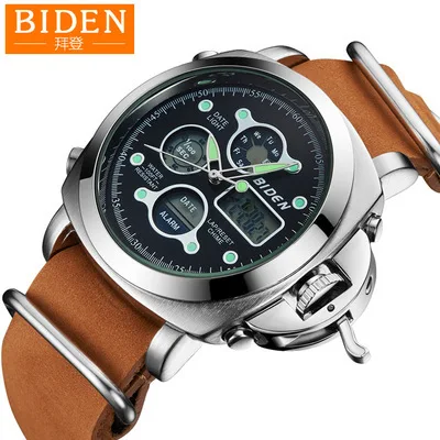 

Biden sports mens digital quartz wristwatches genuine leather stainless steel black brown Multifunction man watches waterproof
