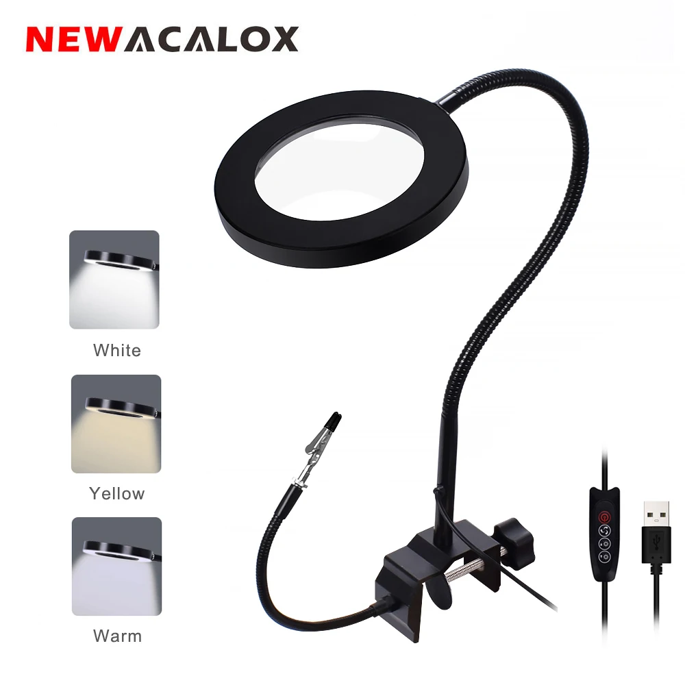 Billig NEWACALOX 5X USB Lupe LED Licht mit 2pc Flexible Arm Beleuchtet Vergrößerungs Brille Lesen Schweißen Reparatur Dritte Hand Werkzeug