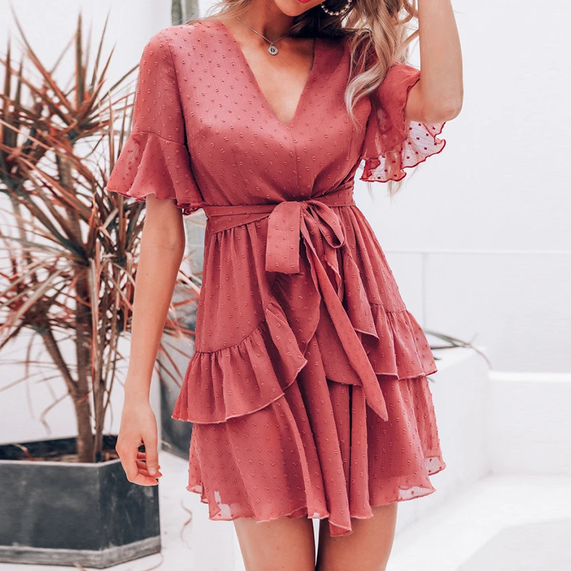 

WHOSONG Elegant Ruffles Sashes Women Dress V Neck Polka Dot Summer Short Dresses Femle Holiday Chiffon Sundress Vestidos 2019