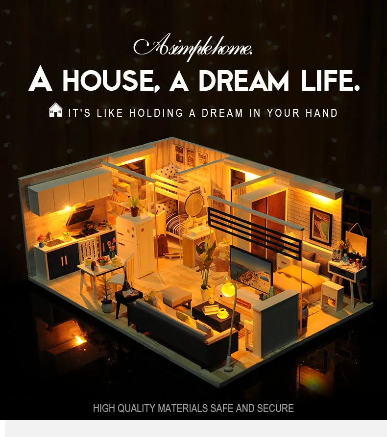 Casa em Miniatura com Móveis Blocos de Construção Brinquedos para Crianças Casa de Boneca Cutebee Faça Você Mesmo Música Poeira Capa Modelo J16 Led 10 ArquiteturaCasa DIYMiniaturas