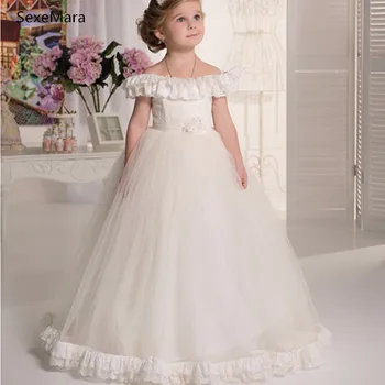 

New Ivory White Fluffy Tulle Girls Dresses Off Shoulder Ball Gown Little Princess Birthday Dress Pageant Communion Gown