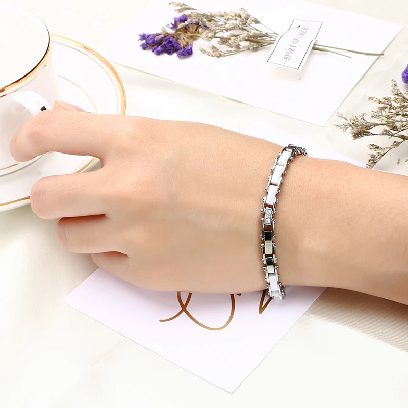 Романтичный дизайн, изысканный керамический браслет, CZ Кристалл, браслет из нержавеющей стали, свадебный браслет для девушек, аксессуар для банкета