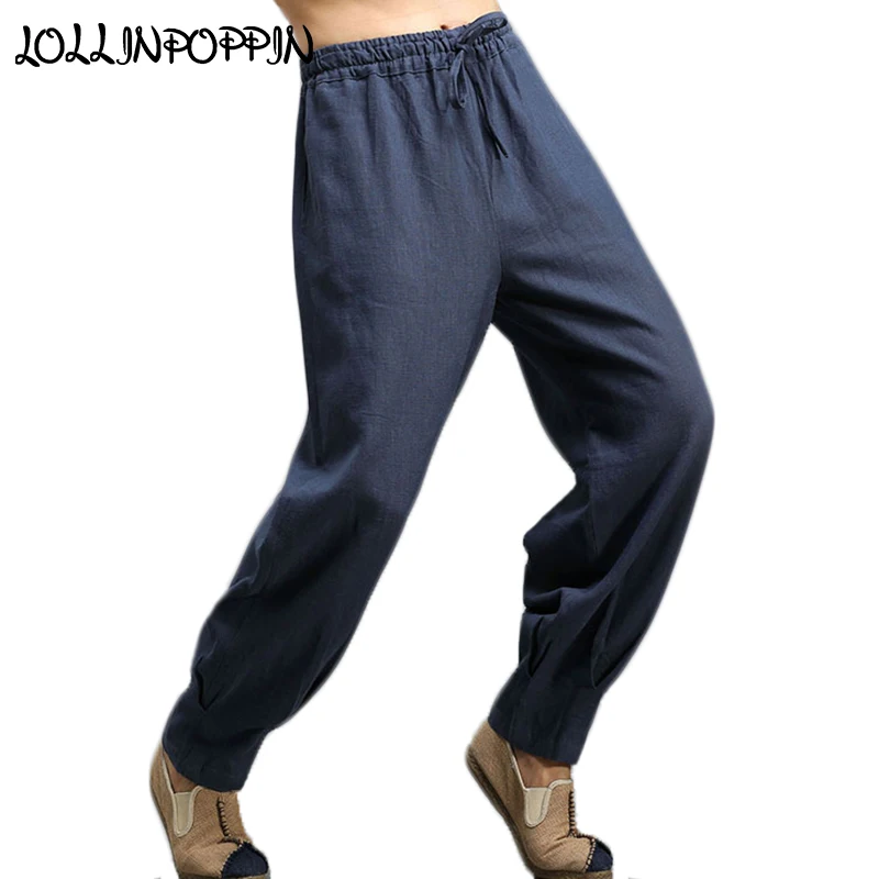 Harem Linen Pants Men Mens Elastic Waist Linen Trousers Pleated Leg