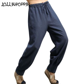 

Harem Linen Pants Men Mens Elastic Waist Linen Trousers Pleated Leg Opening Solid Color Greyish Blue Pants