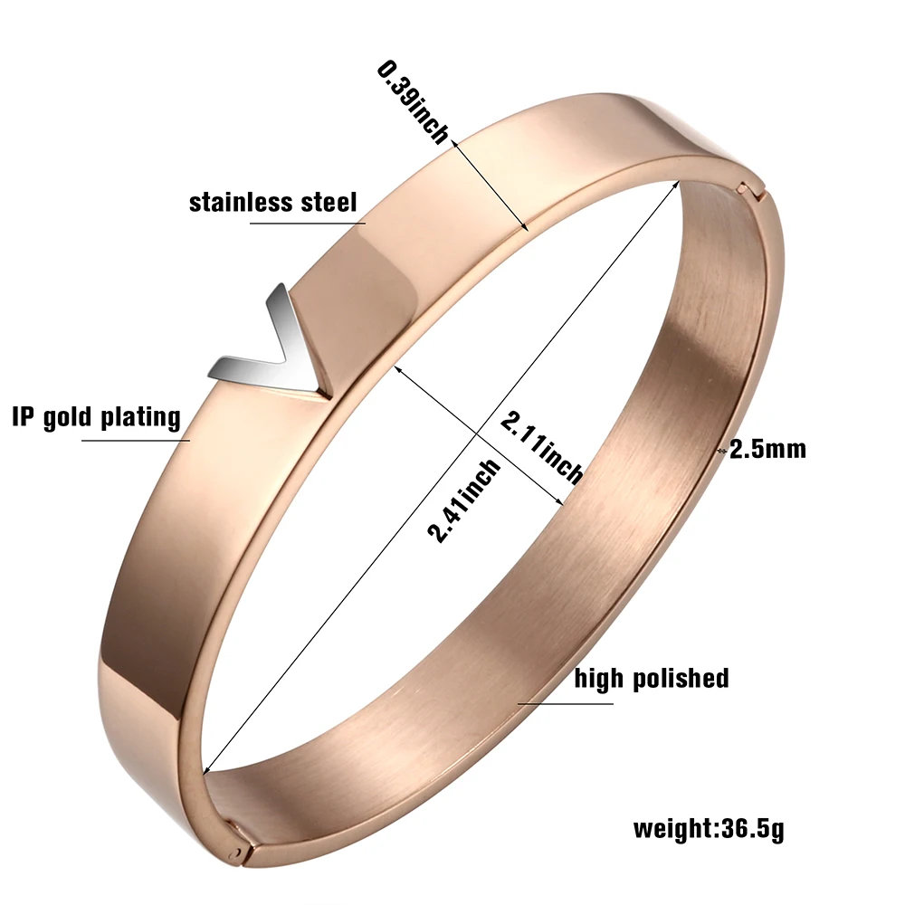 Модные браслеты и браслеты из нержавеющей стали v-образной формы, розовое золото, круглые Открытые Браслеты-манжеты, женские браслеты, ювелирные изделия для женщин