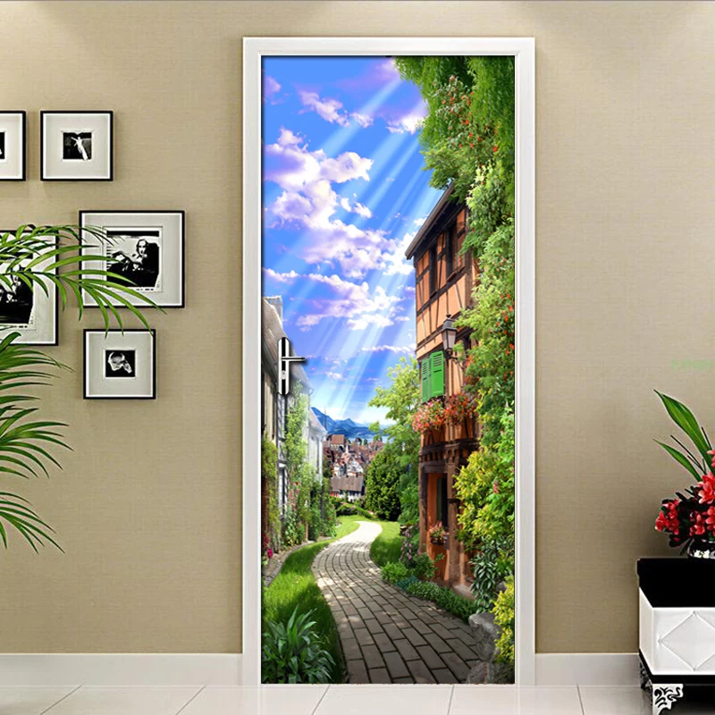 European Town Street Street View 3D Wallpaper Home Decor Modern Living Room Bedroom Door PVC Mural Adhesive Door stickers Fresco blue sky white clouds beach ocean view modern living room bedroom door mural sticker pvc waterproof wallpaper papel de parede 3d