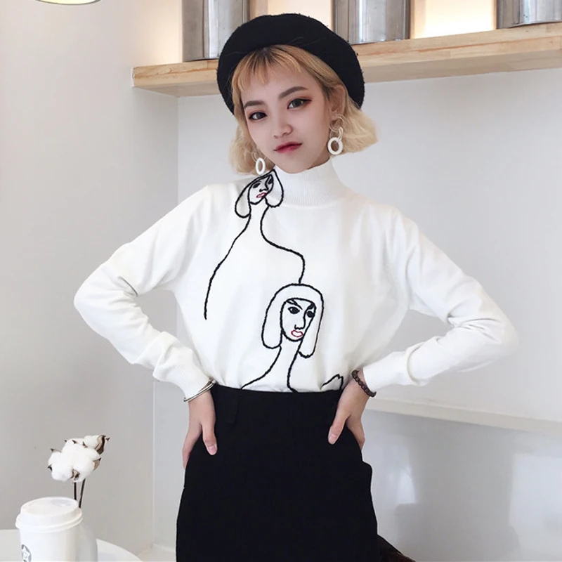 

Autumn Women's Korean Chic Slim Sweaters High Collar Pullover Long Sleeve Cartoon Character Elastic Jumper Female Basic Tops