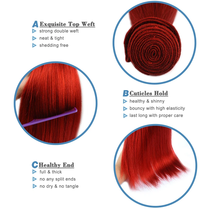 Remyblue Burgundy Bundles pelo humano indio 3 paquetes de armadura de pelo liso rojo Bold paquetes de Cabello 100% Remy grueso trama No derramamiento