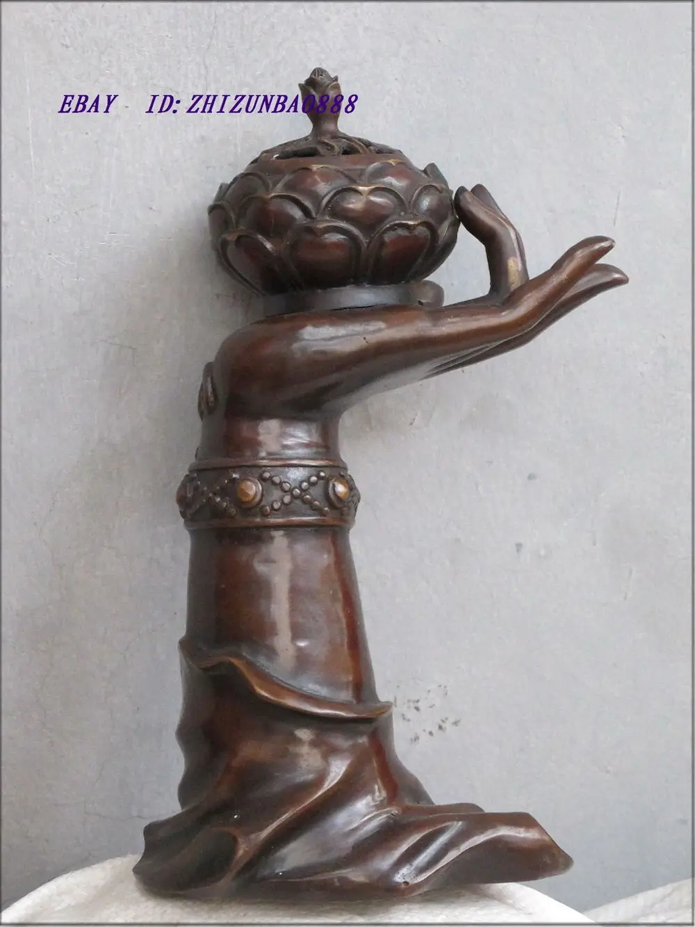 

10"Tibet Sino Red Bronze copper lucky lotus flower Buddha hand censer thurible