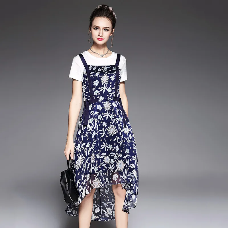 2017 Summer Fashion Ladies Elegant Strap Dress Floral Printed Asymmetrical Dress White T Shirt Plus Size
