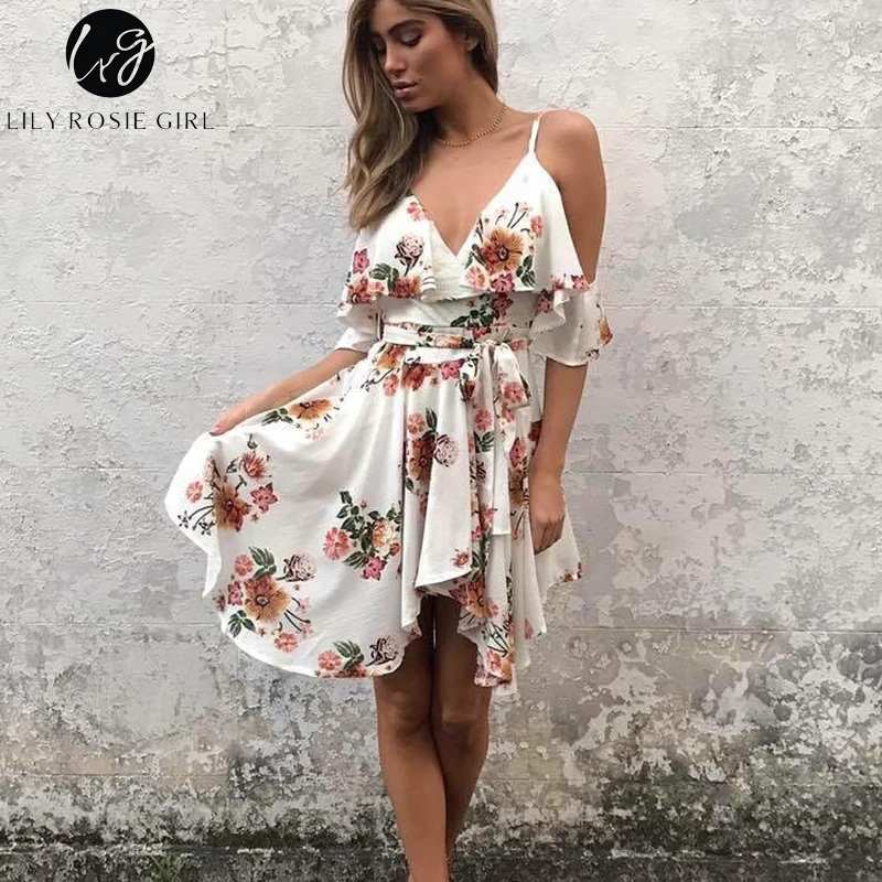 

Lily Rosie Girl Off Shoulder Deep V Neck Boho Floral Print Mini Dress Ruffles Summer Beach Sexy Backless Short Dresses Vestidos