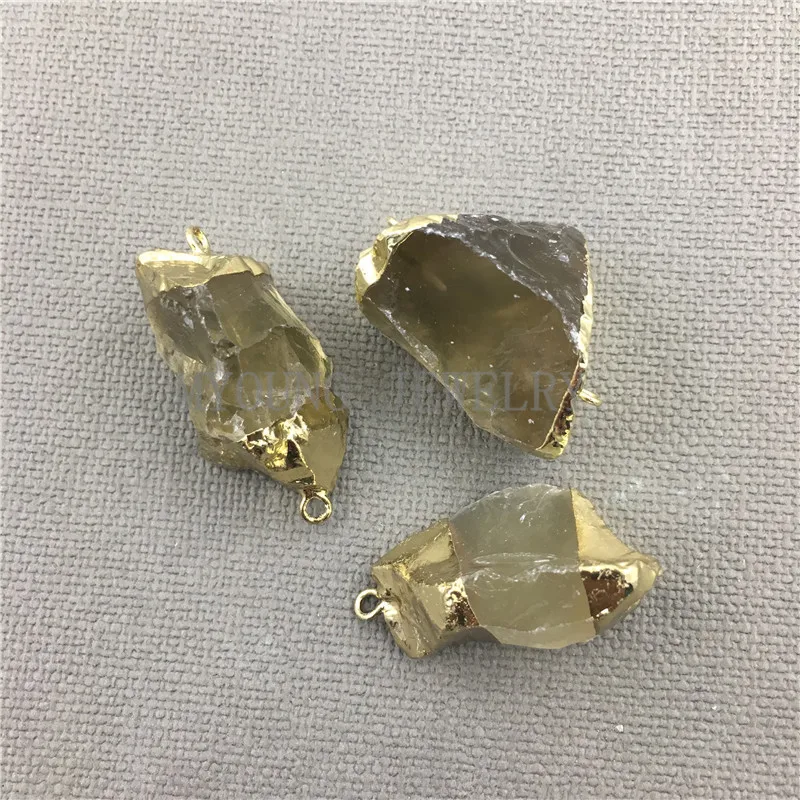 MY0511 Freeform Raw Lemon Quartz Nugget Pendant Connectors Double Gold Color Electroplated Point and Bail (1)