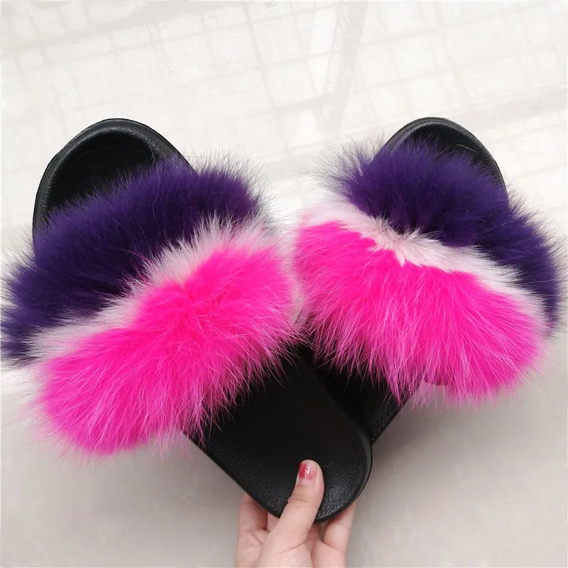 Women Fox Fur Slippers Real Fox Fur Slides Lovely Plush Slippers Woman Summer Home Sandals Women Fur Slides Furry Flip Flops Hot - Цвет: as pic shows 5