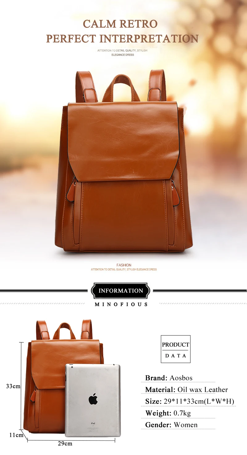 Aosbos Women Leather Backpack Oil Wax School Bag Vintage Waterproof Female Bag Pack Fashion Versatile Travel Backpacks