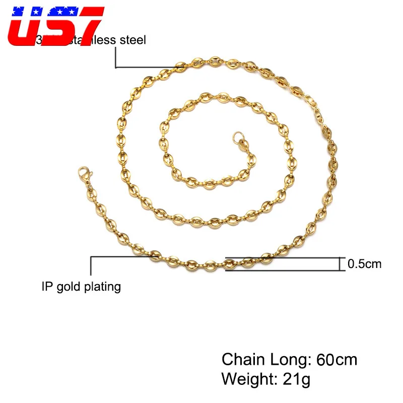 US7 для мужчин и женщин кофейные бобы звено цепи 5 мм ожерелье из нержавеющей стали звено веревки цепи ожерелье s для моды хип-хоп ювелирные изделия - Окраска металла: Gold color