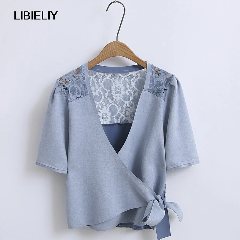 

Solid Suede Jacobs With Belt Short Blouse Women Nice Summer Fashion Short Sleeve Shirts And Blouses Woman Elegant Tops Female