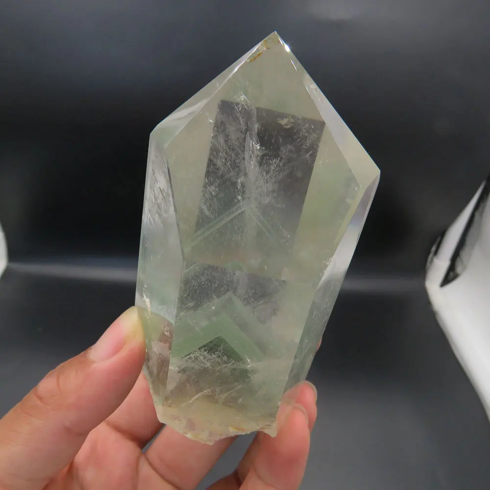 

Fantastic ! 260g Rare Natural Green Phantom Quartz Single Terminated Crystal Point Wand +"Pyramid Mountai" Layers Reiki Healing