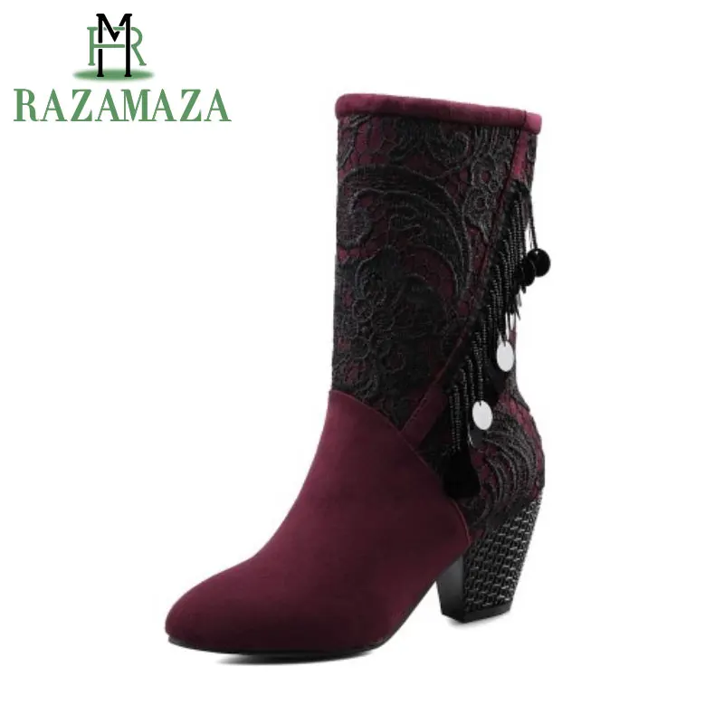 

ZALAVOR Size 32-42 Women High Heels Mid Calf Boots Women Glitter Mature Lace Slip On Boots For Women Winter Warm Botas Footwear
