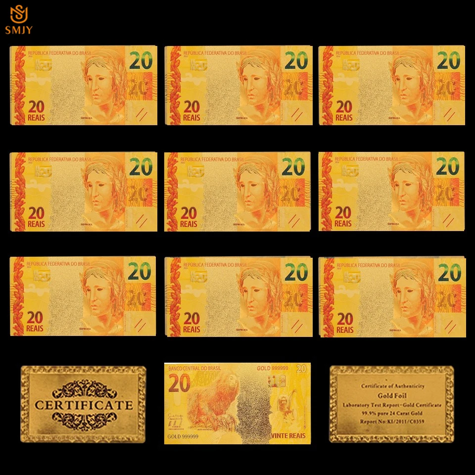 10 шт в партии цветные золотые Brazil Бразилия$20 Reais золотые банкноты из фольги сувенир сбор бумажных денег и подарков